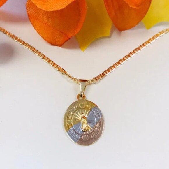 Tri Color Our Lady of Guadalupe Necklace 18" 14K GF Pendant 20x14mm For Womens - Picture 3 of 11